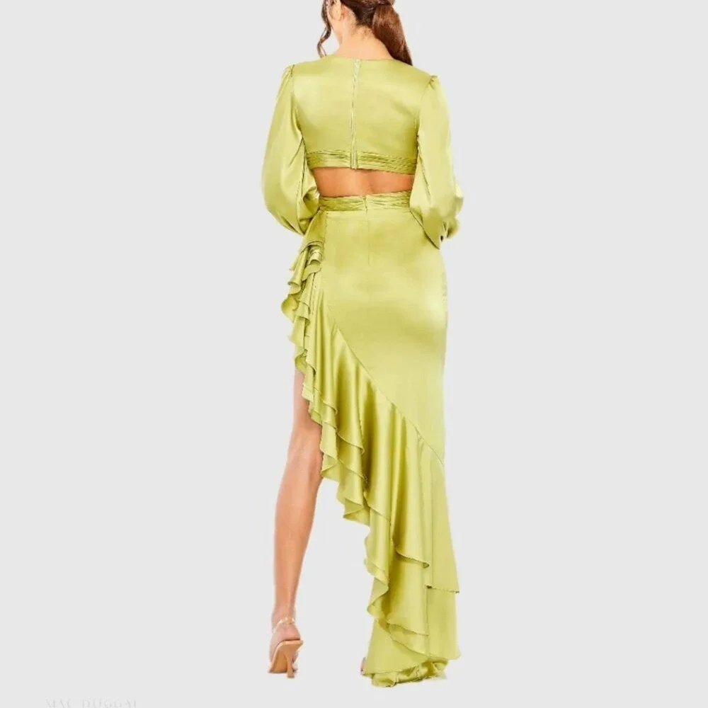 MAC DUGGAL Size 0 Pistachio Green Satin‎ Long Sleeve Maxi Ruffle Dress Gown NWT